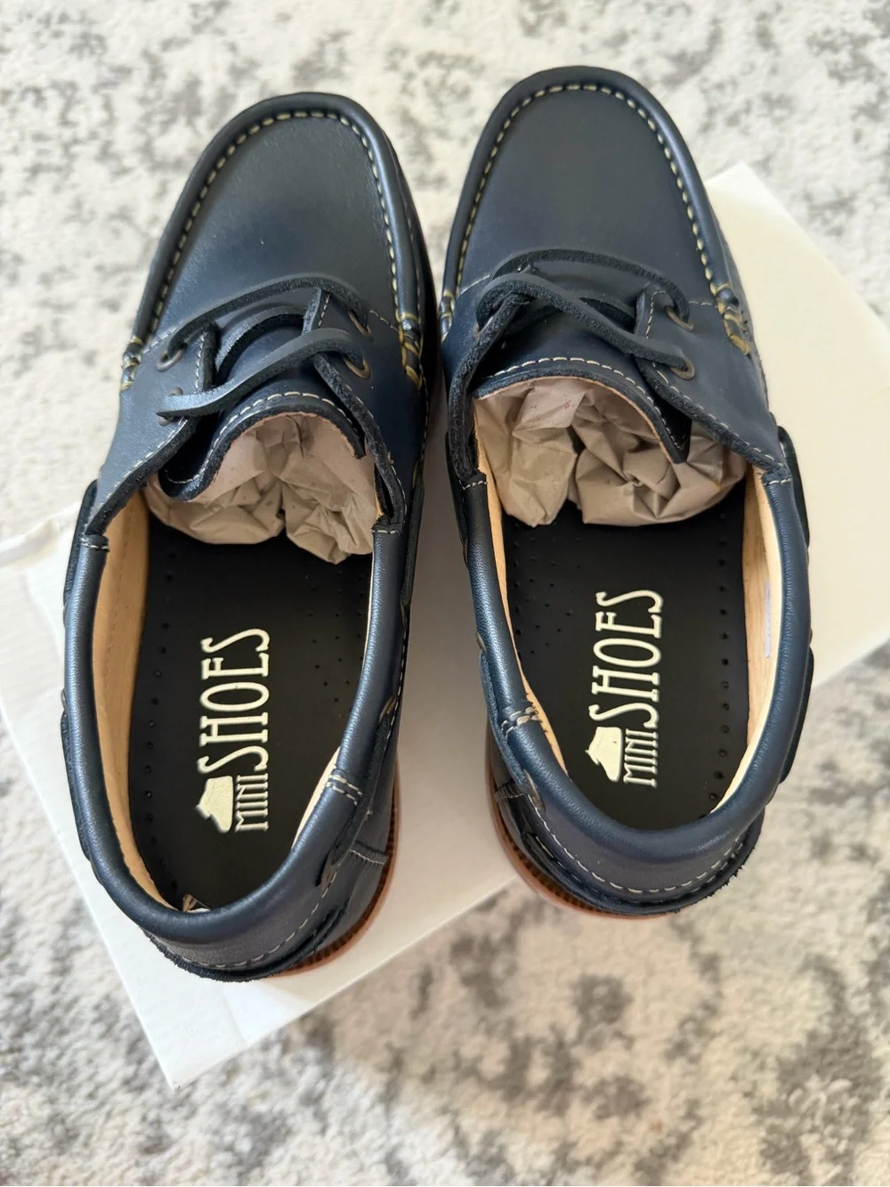 Kids Navy Leather Boat Shoes with Contrasting Brown Sole